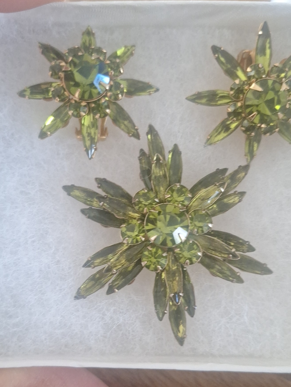 Green Crystal Floral Earrings and Brooch Set